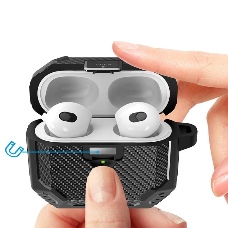 For AirPods Pro 2 Carbon Fibre Magnetic Snap-On TPU Earphone Protective Cover with Carabiner