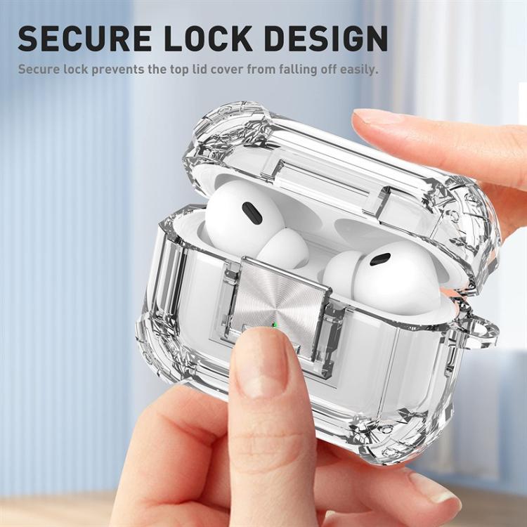 For AirPods Pro 2 Transparent Snap Lock Shockproof Earphone Cover with Carabiner