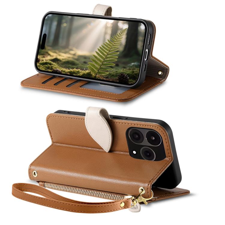 For  Oneplus 15 Leaf Buckle Zipper Wallet Leather Phone Case with Strap