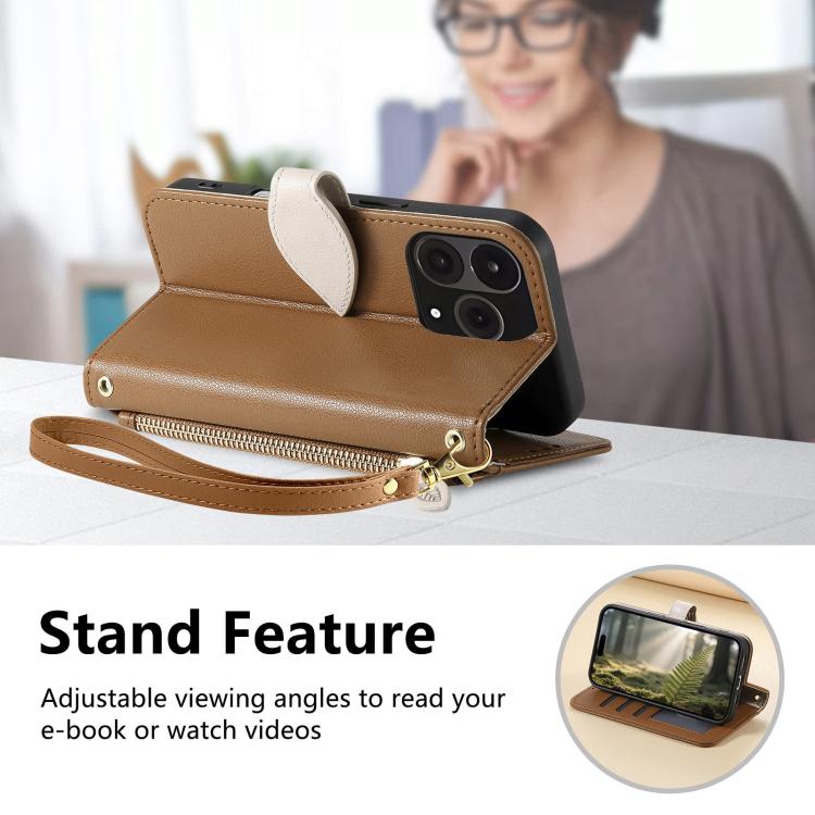 For  Oneplus 15 Leaf Buckle Zipper Wallet Leather Phone Case with Strap
