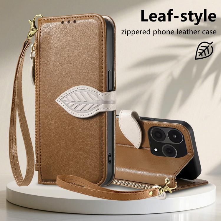 For  Oneplus 15 Leaf Buckle Zipper Wallet Leather Phone Case with Strap
