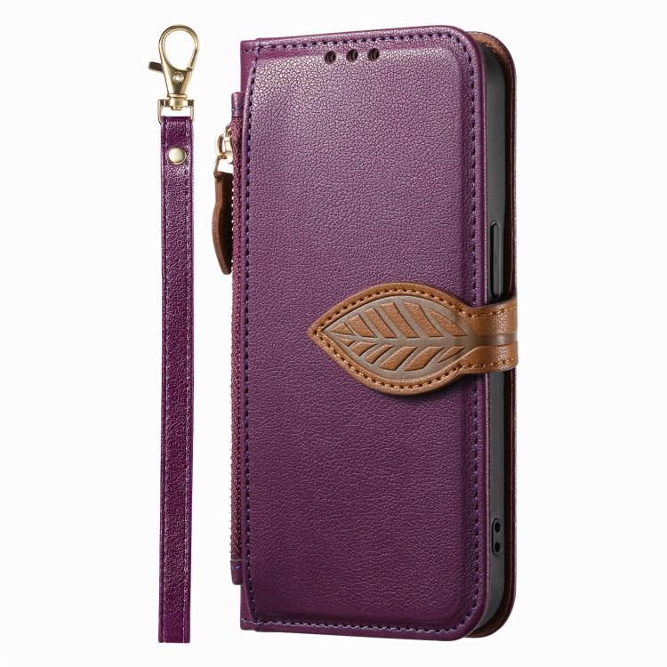 For  Oneplus 15 Leaf Buckle Zipper Wallet Leather Phone Case with Strap
