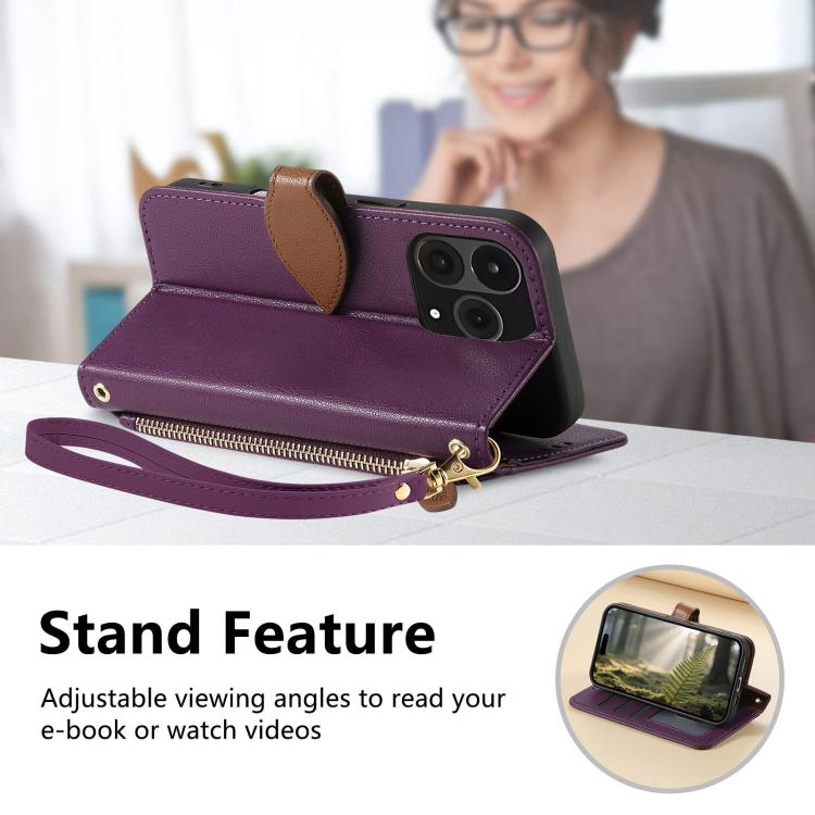 For  Oneplus 15 Leaf Buckle Zipper Wallet Leather Phone Case with Strap