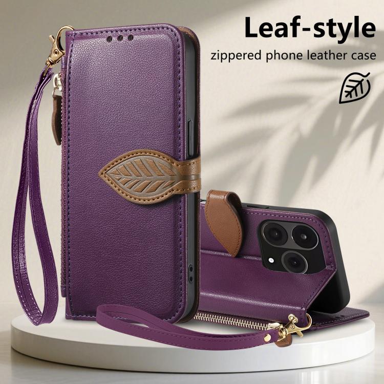 For  Oneplus 15 Leaf Buckle Zipper Wallet Leather Phone Case with Strap