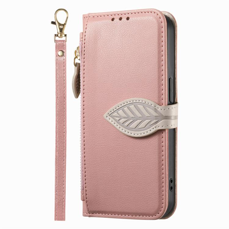 For  Oneplus 15 Leaf Buckle Zipper Wallet Leather Phone Case with Strap