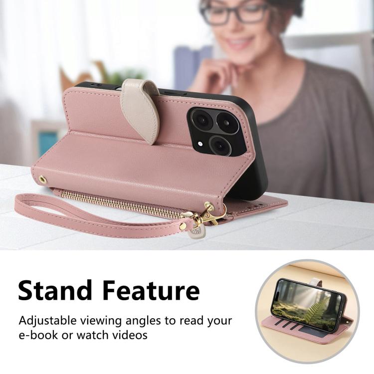 For  Oneplus 15 Leaf Buckle Zipper Wallet Leather Phone Case with Strap