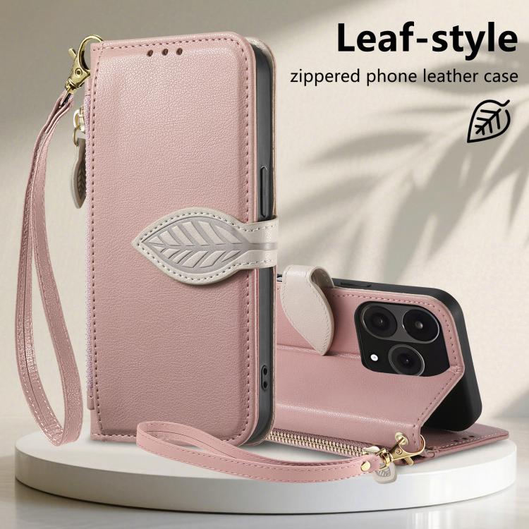 For  Oneplus 15 Leaf Buckle Zipper Wallet Leather Phone Case with Strap