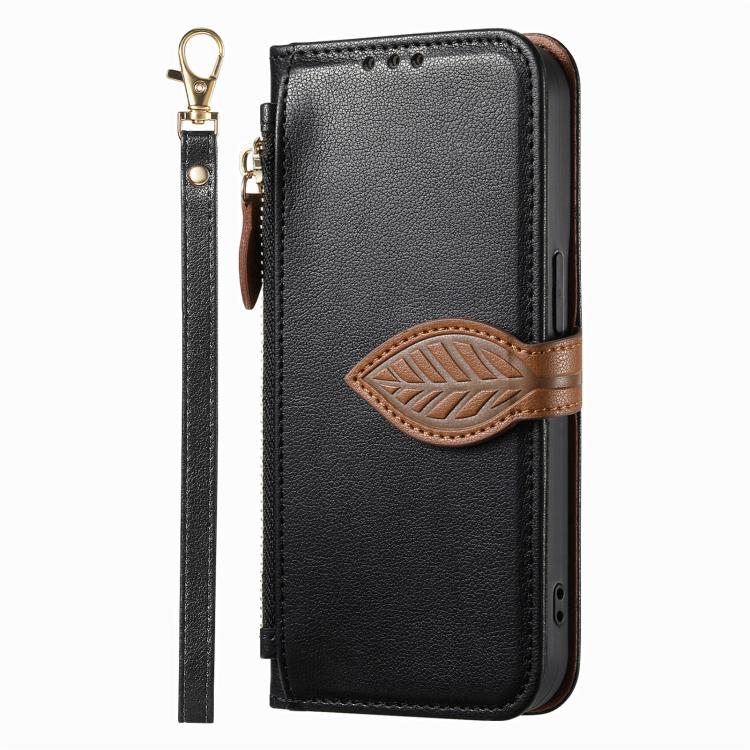 For  Oneplus 15 Leaf Buckle Zipper Wallet Leather Phone Case with Strap