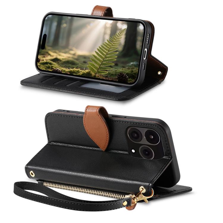 For  Oneplus 15 Leaf Buckle Zipper Wallet Leather Phone Case with Strap