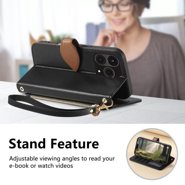 For  Oneplus 15 Leaf Buckle Zipper Wallet Leather Phone Case with Strap