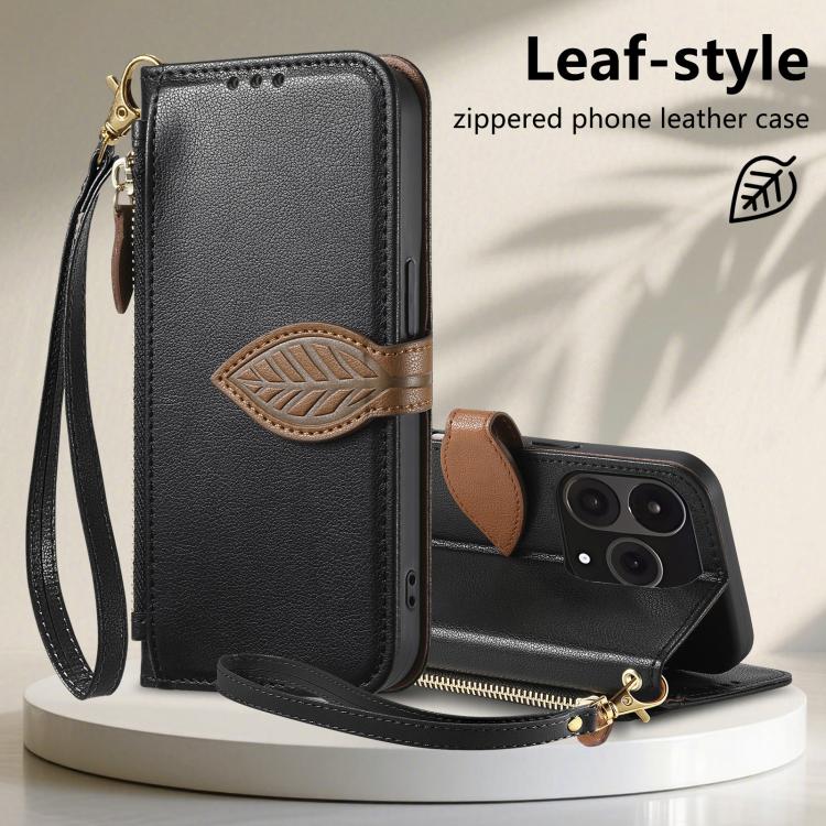 For  Oneplus 15 Leaf Buckle Zipper Wallet Leather Phone Case with Strap