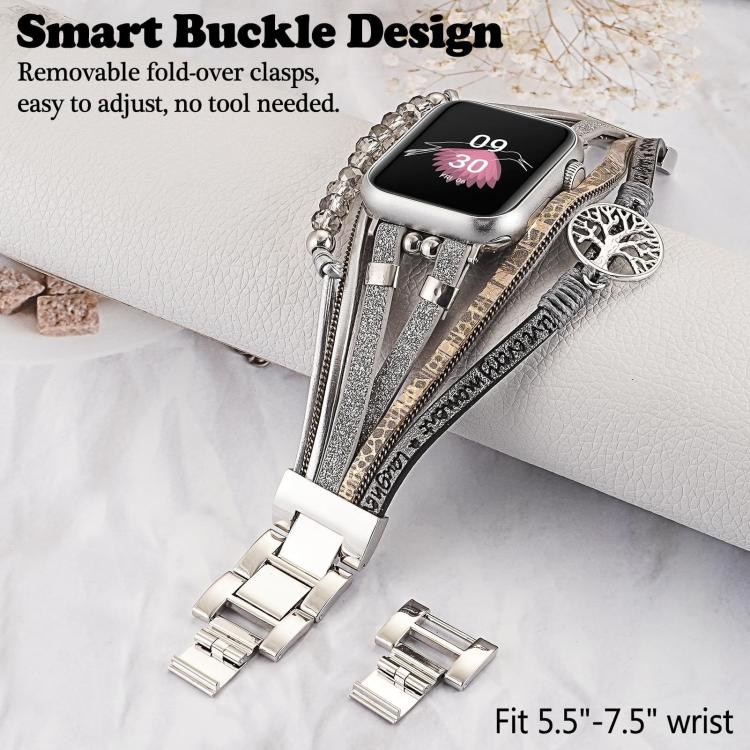 For Apple Watch 46mm / 49mm / 45mm / 44mm Tree of Life Pendant Metal Genuine Leather Watch Band