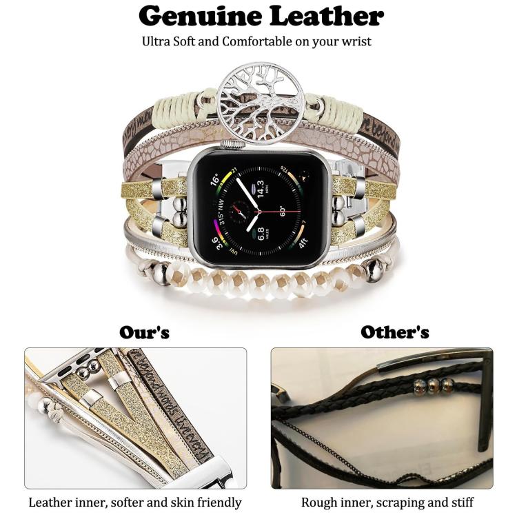 For Apple Watch 46mm / 49mm / 45mm / 44mm Tree of Life Pendant Metal Genuine Leather Watch Band