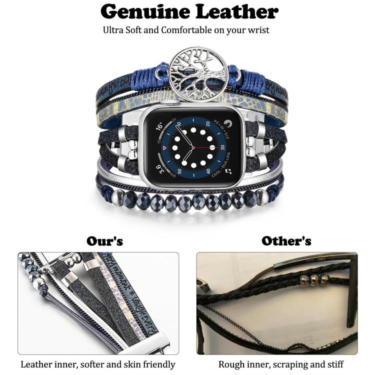 For Apple Watch 46mm / 49mm / 45mm / 44mm Tree of Life Pendant Metal Genuine Leather Watch Band