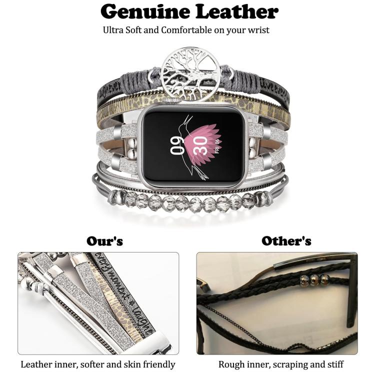 For Apple Watch 42mm / 41mm / 40mm / 38mm Tree of Life Pendant Metal Genuine Leather Watch Band