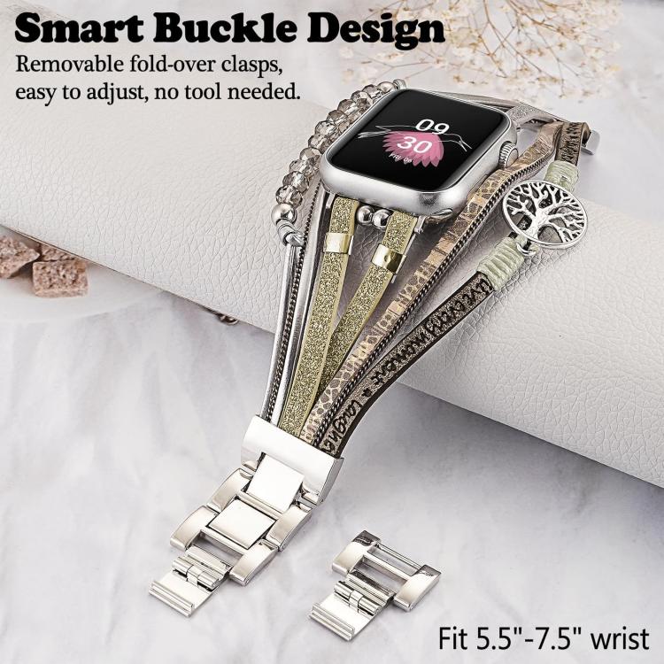 For Apple Watch 42mm / 41mm / 40mm / 38mm Tree of Life Pendant Metal Genuine Leather Watch Band