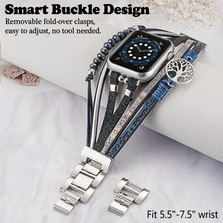 For Apple Watch 42mm / 41mm / 40mm / 38mm Tree of Life Pendant Metal Genuine Leather Watch Band