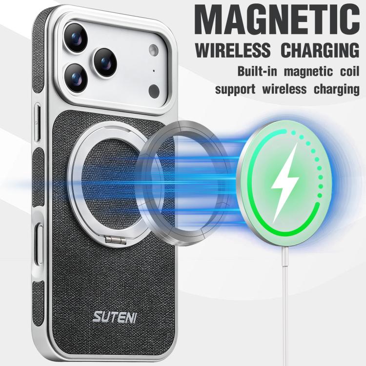 For iPhone 17 Pro Max Suteni G6 Denim Pattern Electroplated 360 Rotation Holder Magnetic Phone Case