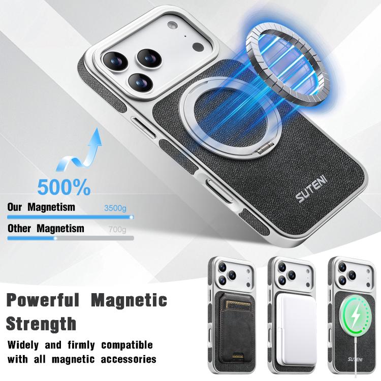 For iPhone 17 Pro Max Suteni G6 Denim Pattern Electroplated 360 Rotation Holder Magnetic Phone Case