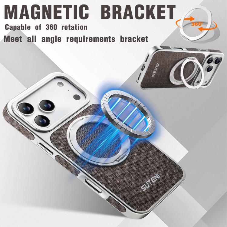 For iPhone 17 Pro Max Suteni G6 Denim Pattern Electroplated 360 Rotation Holder Magnetic Phone Case