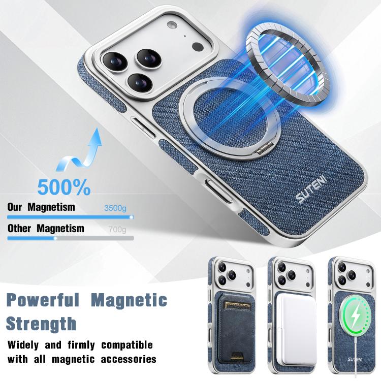 For iPhone 17 Pro Max Suteni G6 Denim Pattern Electroplated 360 Rotation Holder Magnetic Phone Case