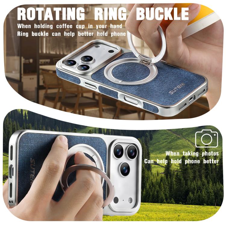 For iPhone 17 Pro Max Suteni G6 Denim Pattern Electroplated 360 Rotation Holder Magnetic Phone Case