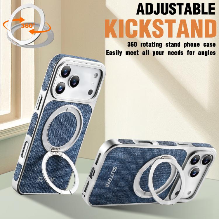 For iPhone 17 Pro Max Suteni G6 Denim Pattern Electroplated 360 Rotation Holder Magnetic Phone Case
