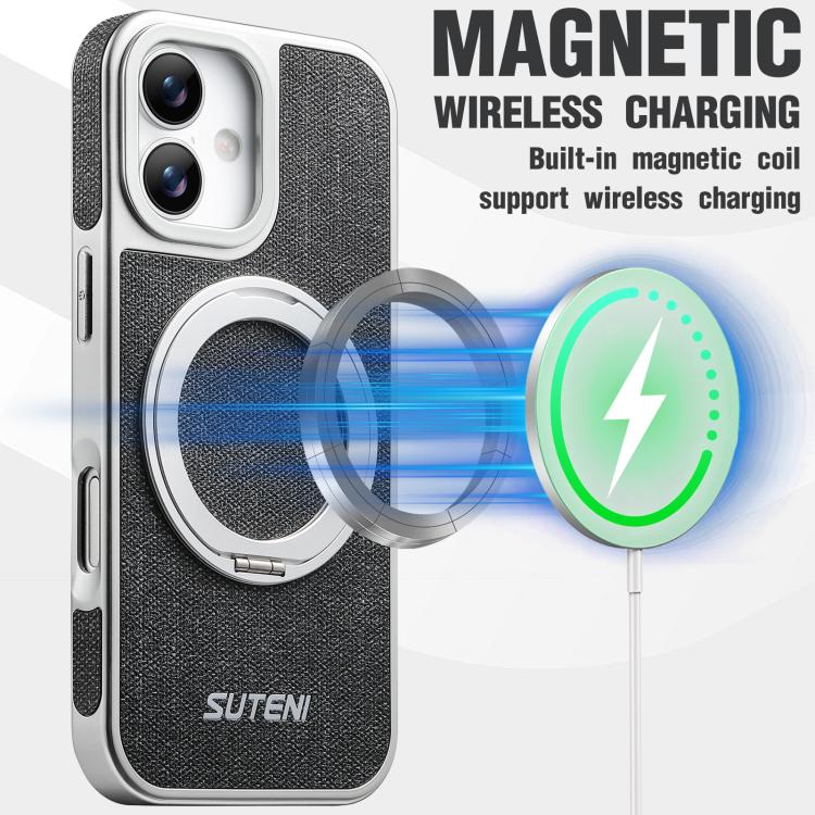 For iPhone 17 Suteni G6 Denim Pattern Electroplated 360 Rotation Holder Magnetic Phone Case