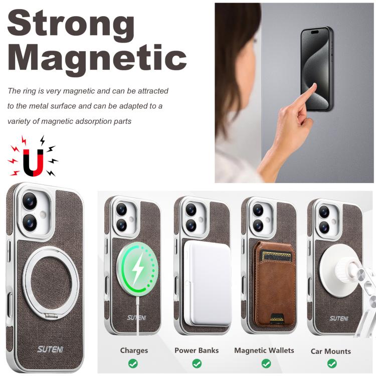 For iPhone 17 Suteni G6 Denim Pattern Electroplated 360 Rotation Holder Magnetic Phone Case