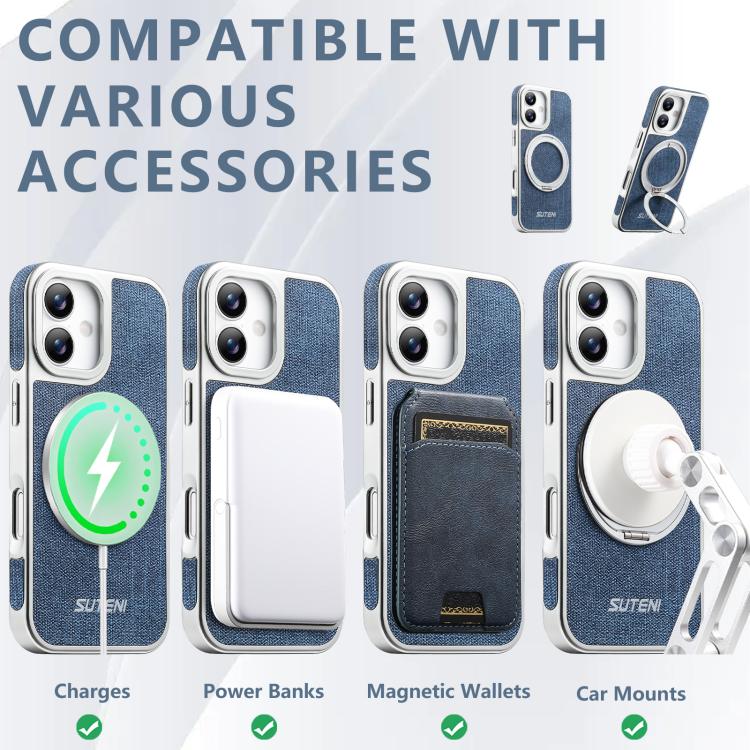 For iPhone 17 Suteni G6 Denim Pattern Electroplated 360 Rotation Holder Magnetic Phone Case