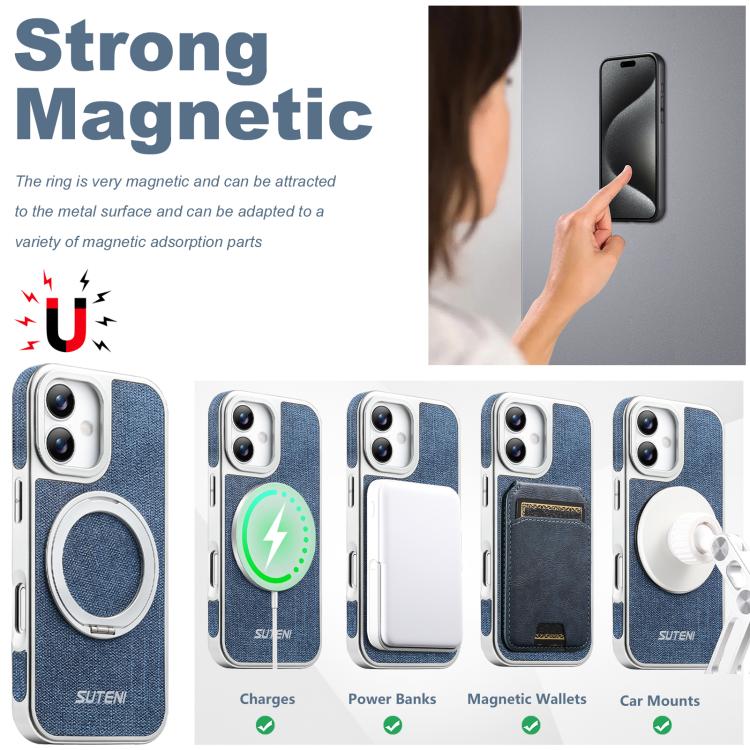 For iPhone 17 Suteni G6 Denim Pattern Electroplated 360 Rotation Holder Magnetic Phone Case