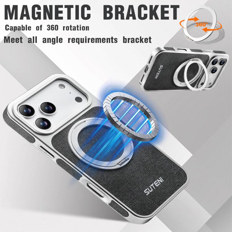 For iPhone 17 Pro Suteni G6 Denim Pattern Electroplated 360 Rotation Holder Magnetic Phone Case