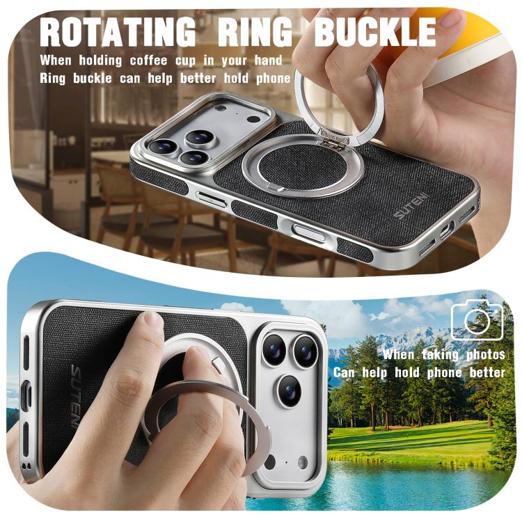 For iPhone 17 Pro Suteni G6 Denim Pattern Electroplated 360 Rotation Holder Magnetic Phone Case