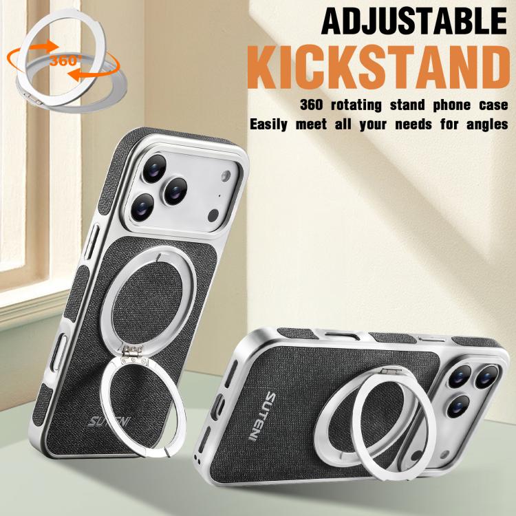 For iPhone 17 Pro Suteni G6 Denim Pattern Electroplated 360 Rotation Holder Magnetic Phone Case