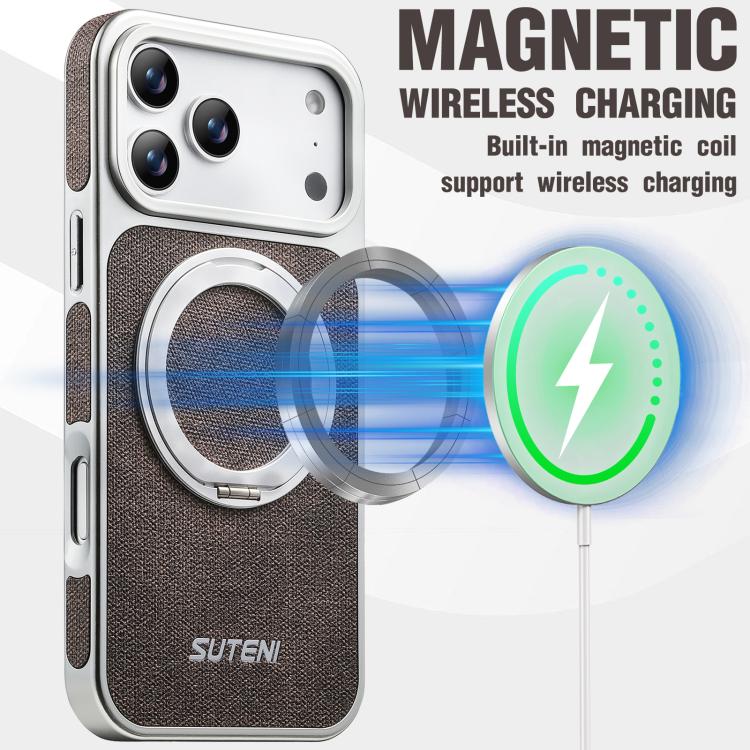 For iPhone 17 Pro Suteni G6 Denim Pattern Electroplated 360 Rotation Holder Magnetic Phone Case