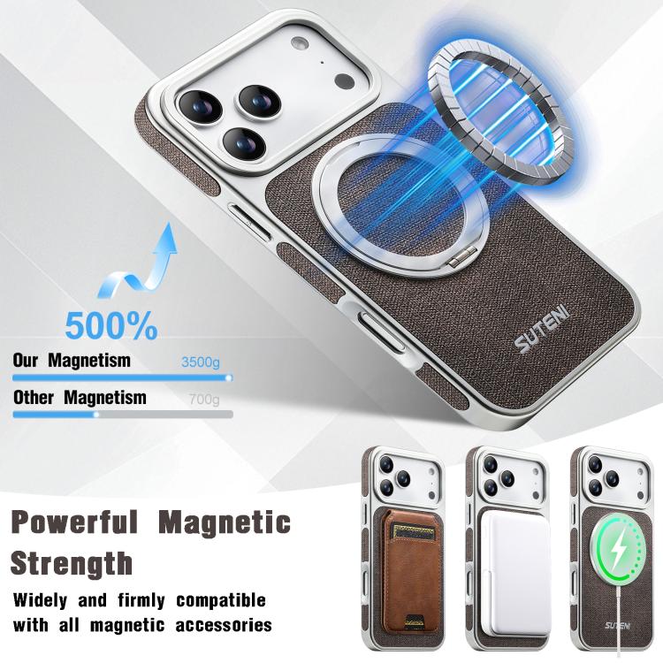 For iPhone 17 Pro Suteni G6 Denim Pattern Electroplated 360 Rotation Holder Magnetic Phone Case