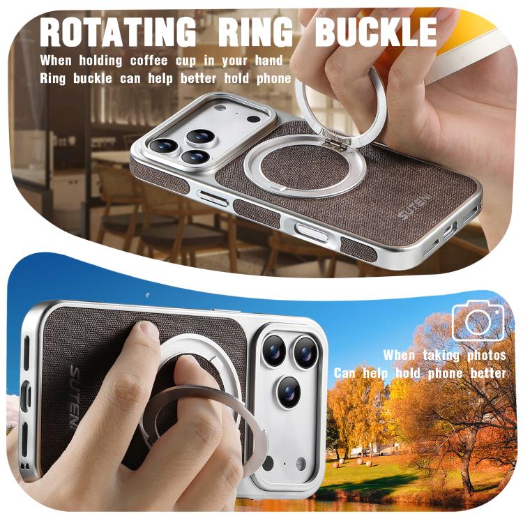 For iPhone 17 Pro Suteni G6 Denim Pattern Electroplated 360 Rotation Holder Magnetic Phone Case