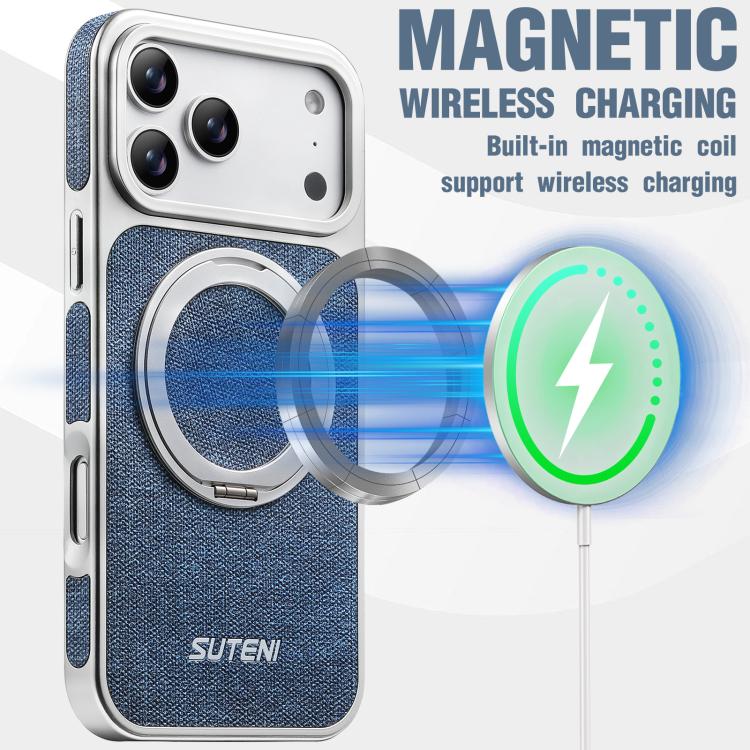 For iPhone 17 Pro Suteni G6 Denim Pattern Electroplated 360 Rotation Holder Magnetic Phone Case