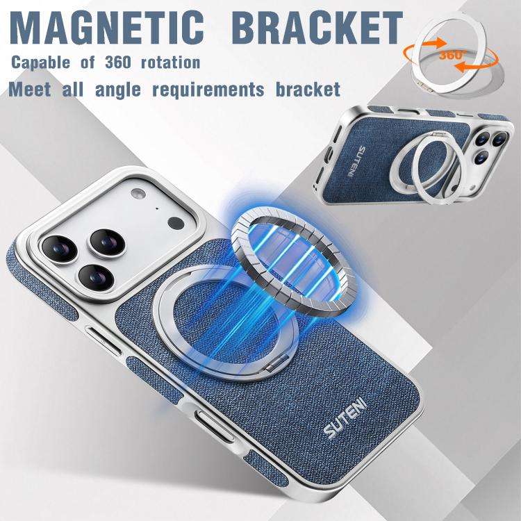 For iPhone 17 Pro Suteni G6 Denim Pattern Electroplated 360 Rotation Holder Magnetic Phone Case