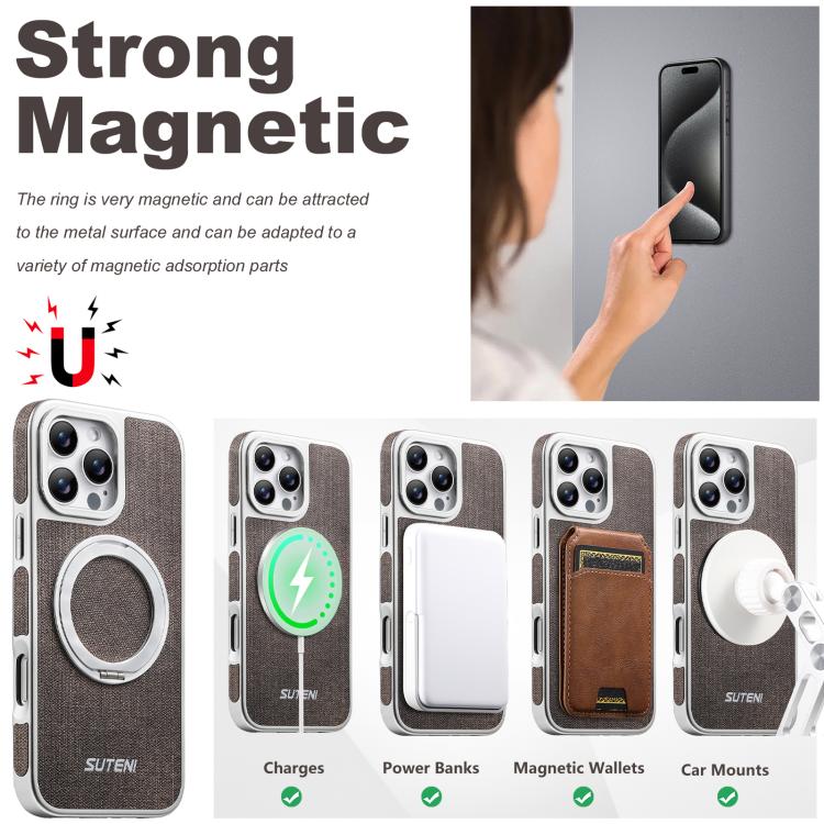 For iPhone 16 Pro Max Suteni G6 Denim Pattern Electroplated 360 Rotation Holder Magnetic Phone Case