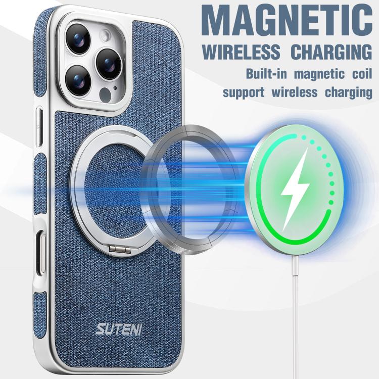 For iPhone 16 Pro Max Suteni G6 Denim Pattern Electroplated 360 Rotation Holder Magnetic Phone Case