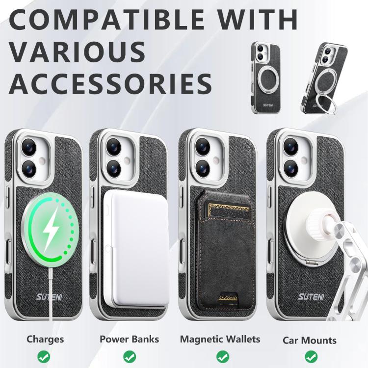 For iPhone 16 Suteni G6 Denim Pattern Electroplated 360 Rotation Holder Magnetic Phone Case