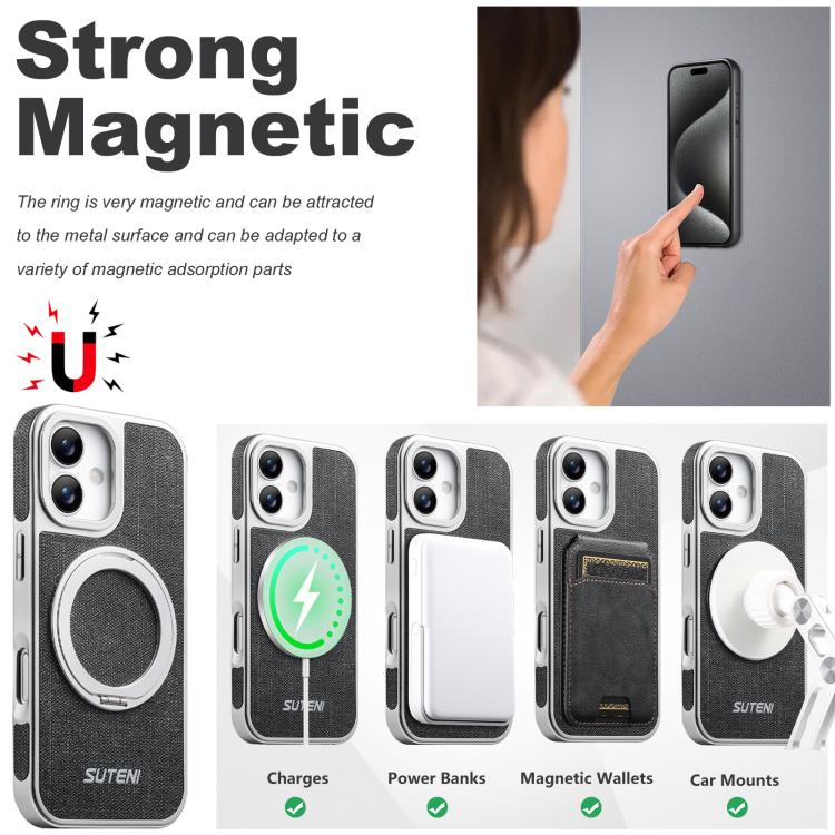 For iPhone 16 Suteni G6 Denim Pattern Electroplated 360 Rotation Holder Magnetic Phone Case