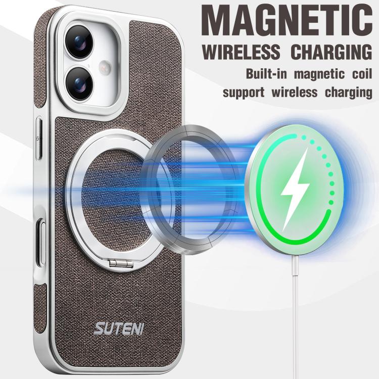 For iPhone 16 Suteni G6 Denim Pattern Electroplated 360 Rotation Holder Magnetic Phone Case