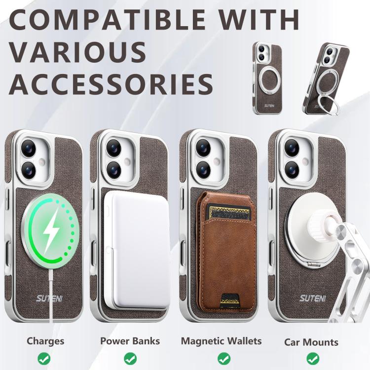 For iPhone 16 Suteni G6 Denim Pattern Electroplated 360 Rotation Holder Magnetic Phone Case