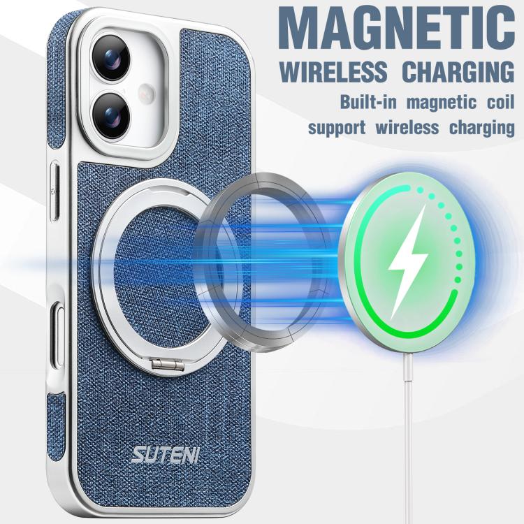 For iPhone 16 Suteni G6 Denim Pattern Electroplated 360 Rotation Holder Magnetic Phone Case