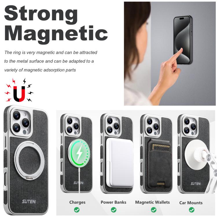 For iPhone 15 Pro Suteni G6 Denim Pattern Electroplated 360 Rotation Holder Magnetic Phone Case