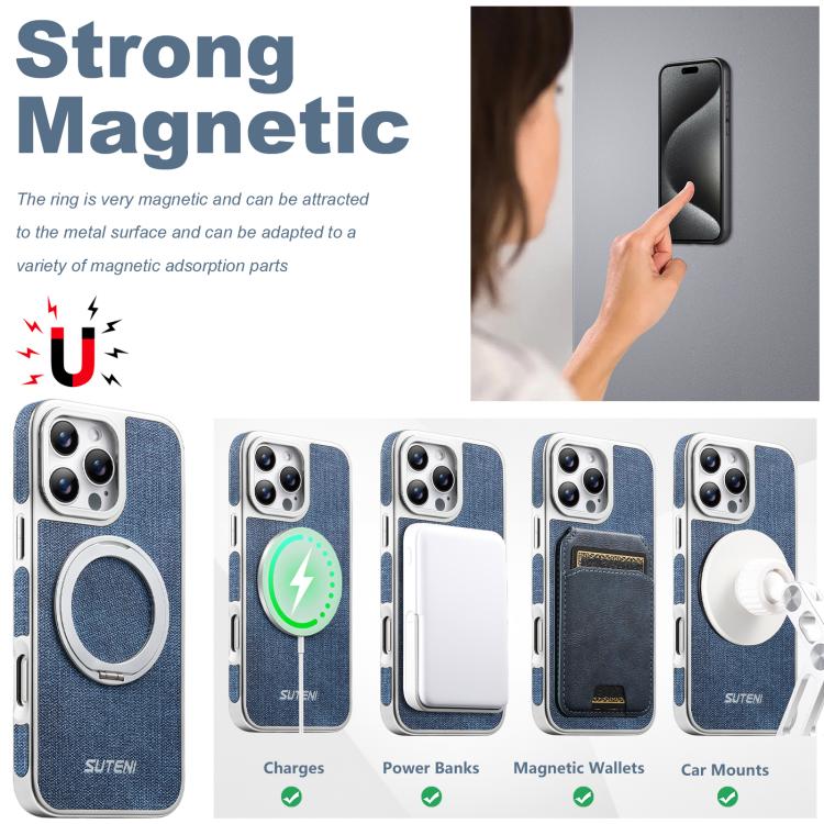 For iPhone 15 Pro Suteni G6 Denim Pattern Electroplated 360 Rotation Holder Magnetic Phone Case