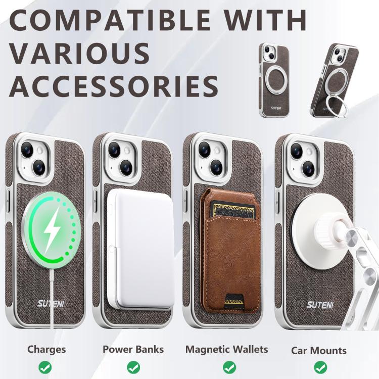 For iPhone 15 Suteni G6 Denim Pattern Electroplated 360 Rotation Holder Magnetic Phone Case
