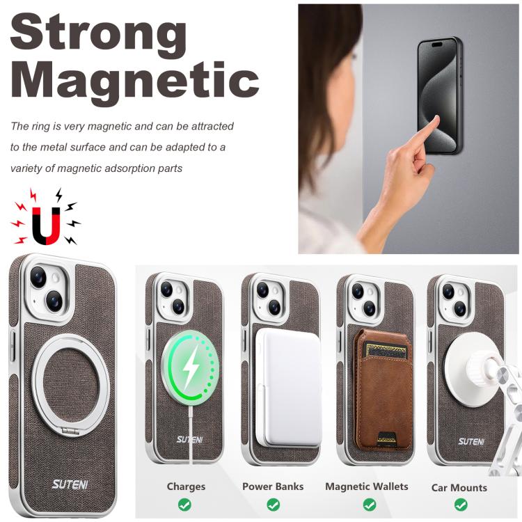 For iPhone 15 Suteni G6 Denim Pattern Electroplated 360 Rotation Holder Magnetic Phone Case